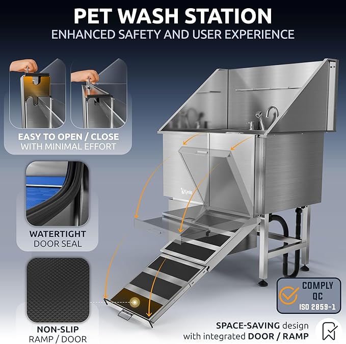 KANIS Professional Dog Washing Station - 304 Stainless Steel Pet Wash Sink &amp; Grooming Bath Tub for Home with Ramp, Shower, Floor Grate, Storage Drawer, Faucet, Drain Kit for Large, Medium &amp; Small Pets
