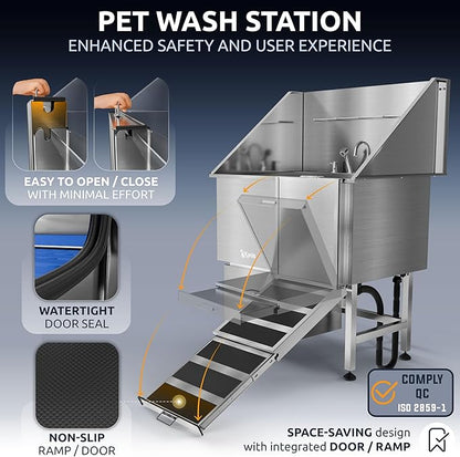 KANIS Professional Dog Washing Station - 304 Stainless Steel Pet Wash Sink &amp; Grooming Bath Tub for Home with Ramp, Shower, Floor Grate, Storage Drawer, Faucet, Drain Kit for Large, Medium &amp; Small Pets