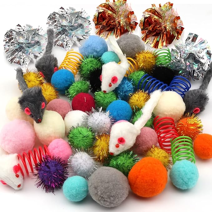 60 Pack Cat Toys - Assorted Kitten, Mouse, Crinkle &amp; Pom Pom Balls