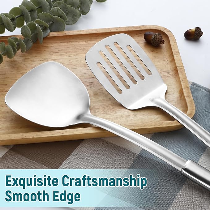 Pleafind 2-Pcs Solid &amp; Slotted Spatula Set, 304 Stainless Steel Spatula, Metal Spatulas, Wok Utensils, Cooking Utensils, Wok Spatulas for Home, Kitchen and Restaurant, Dishwasher Safe