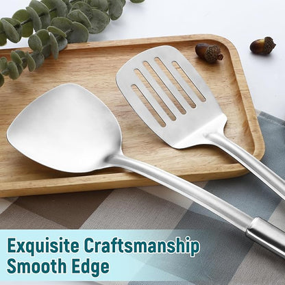 Pleafind 2-Pcs Solid &amp; Slotted Spatula Set, 304 Stainless Steel Spatula, Metal Spatulas, Wok Utensils, Cooking Utensils, Wok Spatulas for Home, Kitchen and Restaurant, Dishwasher Safe