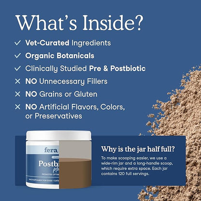Fera Pets Postbiotics Plus Prebiotics for Dogs &amp; Cats - with Slippery Elm - Promotes Optimal Digestive Health &amp; Inflammatory Response - Enhances Immunity - 120 Scoops