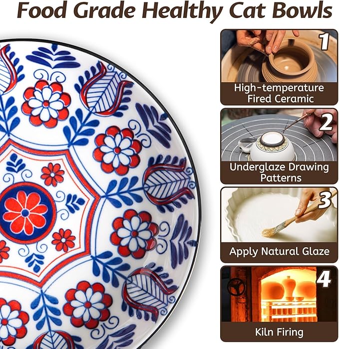 Non-Slip Cat Bowl,Ceramic Cat Food Bowls with Silicone Bottom, Anti-Whisker Fatigue Cats Dishes Set, Shallow &amp; Wide Kitten Plates for Food and Water, 4 Pack