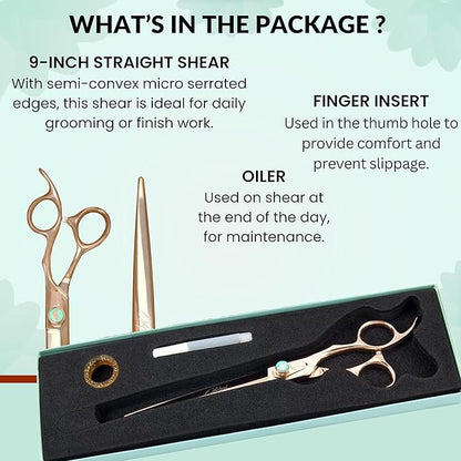 Kenchii Rose Dog Grooming Scissors, 9 Inch Straight Shears, Dog Scissors for Grooming, Ergonomic Design for Comfort and Precision, Heavy Duty, Durable and Sharp