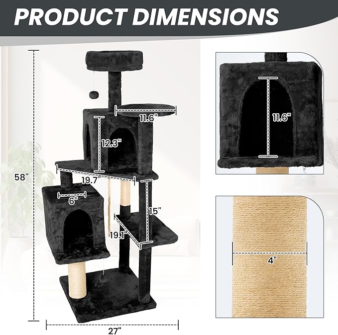59in Large Cat Tree Tower for Indoor Cats with Soft Plush Hang Ball, Two Condos, Sisal Scratch Posts &amp; Rope Play for Kittens/Adult Cats, New Dark Grey