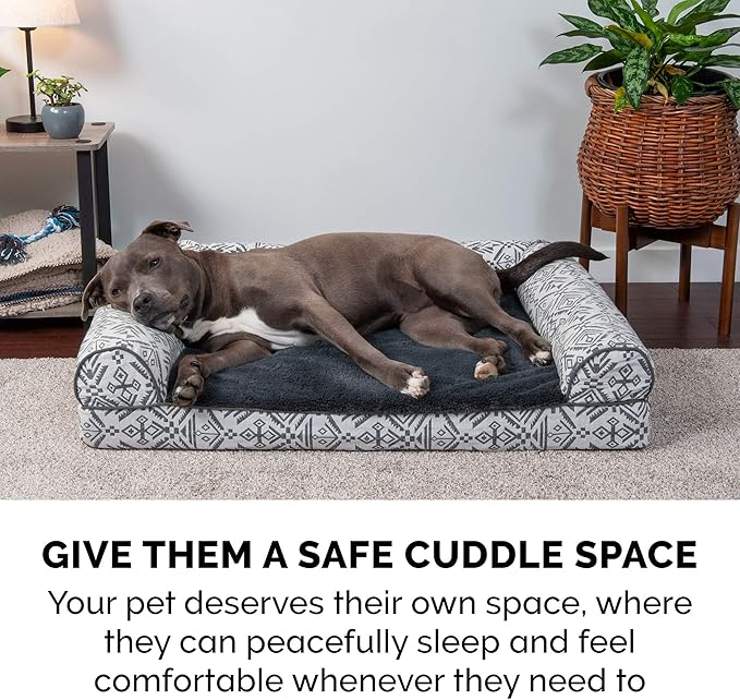 Furhaven Orthopedic Dog Bed for Large/Medium Dogs w/ Removable Bolsters &amp; Washable Cover, For Dogs Up to 55 lbs - Plush &amp; Southwest Kilim Woven Decor Sofa - Boulder Gray, Large