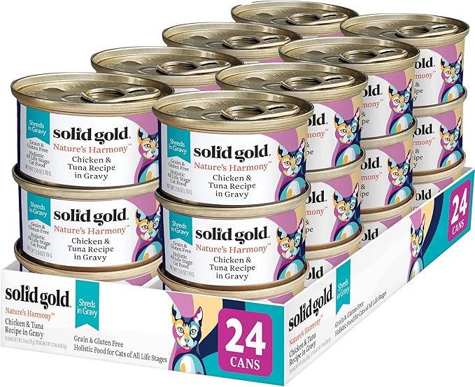 Solid Gold Wet Cat Food Shreds in Gravy - Healthy Canned Cat Food Made w/Real Chicken &amp; Tuna Shreds, Vitamins &amp; Minerals - Grain Free &amp; Gluten Free Canned Meals for Cats &amp; Kittens - 24ct/3oz Can