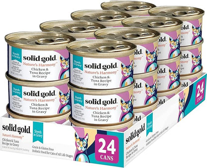 Solid Gold Wet Cat Food Shreds in Gravy - Healthy Canned Cat Food Made w/Real Chicken &amp; Tuna Shreds, Vitamins &amp; Minerals - Grain Free &amp; Gluten Free Canned Meals for Cats &amp; Kittens - 24ct/3oz Can