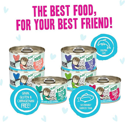 Weruva B.F.F. Play - Best Feline Friend Paté Lovers, Aw Yeah!, Play Paté Buffet Variety Pack, 2.8oz Can (Pack of 18)