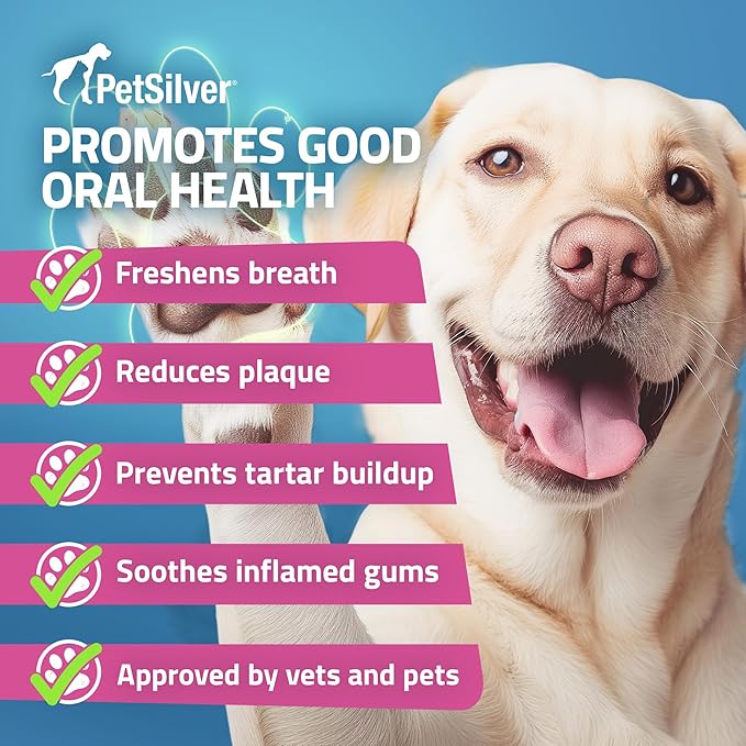 PetSilver Teeth &amp; Gum Spray - Dog Dental &amp; Teeth Cleaning Spray for Plaque &amp; Tartar Build-Up Reduction - Natural Breath Freshener for Dogs and Cats - Patented Chelated Silver - Made in The USA - 4 oz