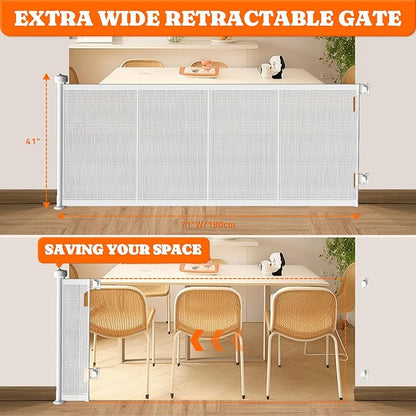 Pawtners Retractable Baby Gates Extra Wide, 41" Tall Extends up to 71" Wide, Dog Gate Indoor with for Stairs, Pet Gate with Support Rods for Doorways Hallways Indoor &amp; Outdoor-White