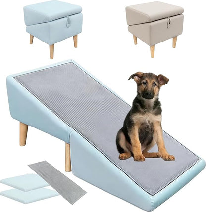 Split Ottoman Dog Ramp, Folding Pet Ramps Stairs for Couch, Pet Ramps Stairs for Small and Large Dogs, Holds up to 220 lbs (Blue - 2 Pads &amp; 2 Covers, One Size)