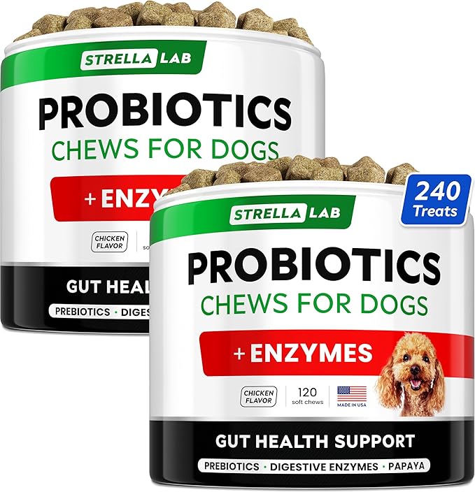 StrellaLab Pet Probiotics for Dogs &amp; Digestive Enzymes - Digestion &amp; Gut Health Treats, Dog Probiotics Chews, Fiber Supplement, Anti Diarrhea, Constipation, Upset Stomach&amp;Gas Relief, Canine Prebiotic