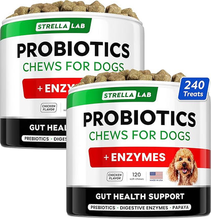 StrellaLab Pet Probiotics for Dogs &amp; Digestive Enzymes - Digestion &amp; Gut Health Treats, Dog Probiotics Chews, Fiber Supplement, Anti Diarrhea, Constipation, Upset Stomach&amp;Gas Relief, Canine Prebiotic