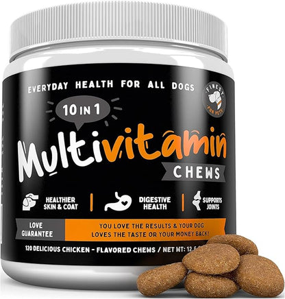 Multivitamin Dog Supplement – 10 in 1 with Omega Fish Oil &amp; Glucosamine for Improved Joint &amp; Skin Support, Gut, Digestion &amp; Immune Everyday Health (120 Chewable Treats)