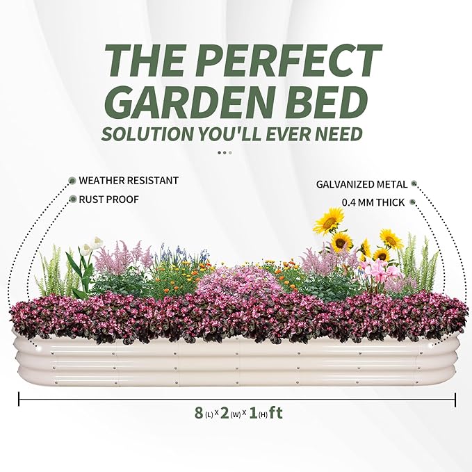 1MORE Galvanized Raised Garden Bed- Planter Garden Boxes Outdoor, Raised Beds for Gardening, 8x2x1ft Metal Garden Bed Kit for Vegetables Flower, Planter Raised Beds with Protective Tape &amp; Tools.White