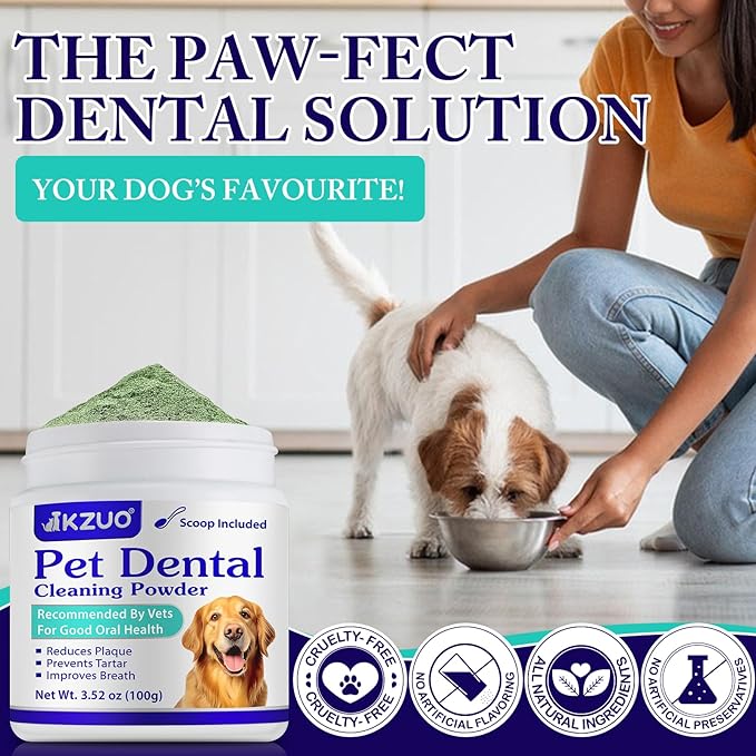 Dog Teeth Cleaning Powder - Dog Dental Powder - Plaque Off Pet Tooth Cleaning lab co - Targets Tartar &amp; Reduces Plaque &amp; Bad Breath - Teeth Cleaning Made Easy