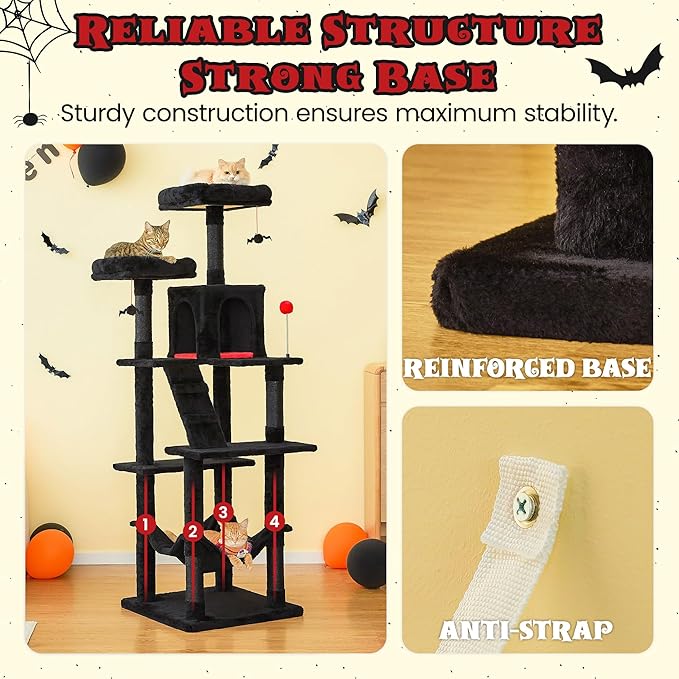 MWPO Gothic Large Cat Tree, 70.1-Inch Multi-Level Tall Cat Tower for Indoor Cats, Plush Cat Condo with Big Padded Perches, Sisal-Covered Scratching Posts, Hammock, Toys for Kittens &amp; Cats, Black