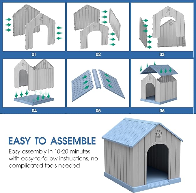 Large Outdoor Plastic Dog House - Indoor Outdoor Use for Medium &amp; Large Dogs, Durable Waterproof Doghouse with Air Vents, Elevated Floor, Easy to Clean &amp; Assemble(Blue2, 36.2&