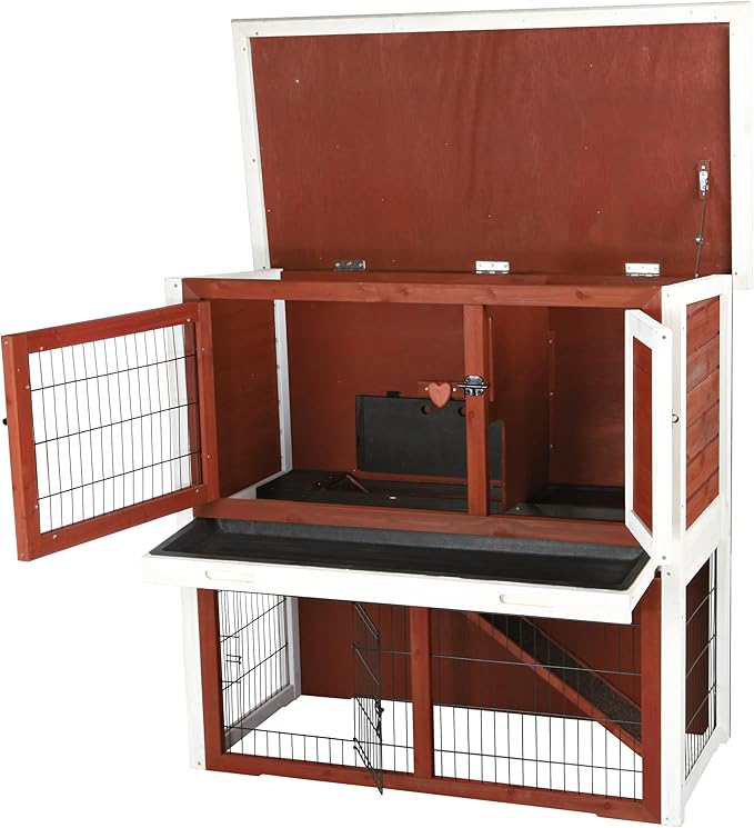 TRIXIE natura Outdoor Rabbit Hutch with Run - 2-Story Rabbit Cage with Non-Slip Ramp - Medium Elevated Small Animal House with Secure Playpen, Hinged Roof &amp; Pull-Out Tray - in Auburn/White