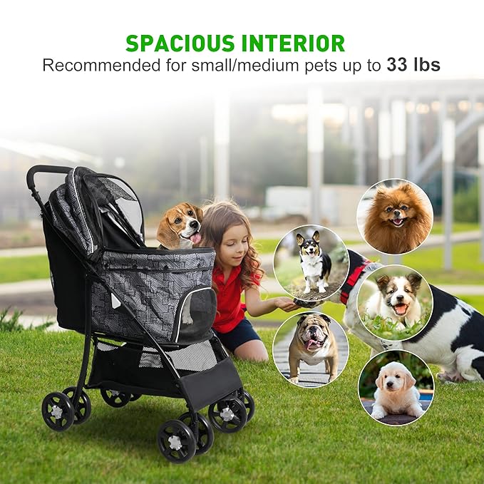 Lightweight Pet Stroller for Small/Medium Dogs and Cats - Foldable Travel Carriage with Storage Basket, Breathable Mesh &amp; 4 Wheels - Up to 33 lbs – Black