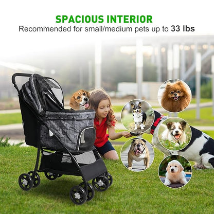 Lightweight Pet Stroller for Small/Medium Dogs and Cats - Foldable Travel Carriage with Storage Basket, Breathable Mesh &amp; 4 Wheels - Up to 33 lbs – Black