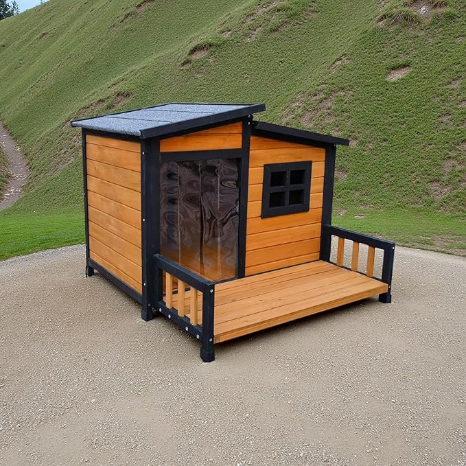GARWOOD Large Outdoor Indoor Wooden Dog House for Small Large Dog Kennel Wood Sturdy Pet Puppy Warm Home with Durable Weatherproof Asphalt Roof Insulated Elevated Floor Outside Shelter Brown 39x37x30“