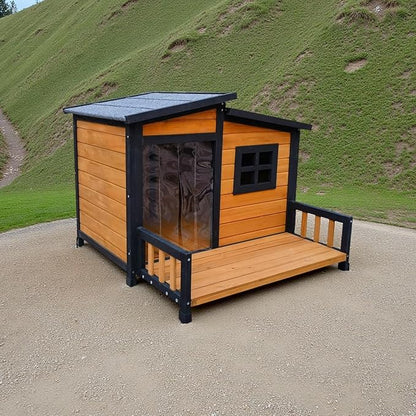 GARWOOD Large Outdoor Indoor Wooden Dog House for Small Large Dog Kennel Wood Sturdy Pet Puppy Warm Home with Durable Weatherproof Asphalt Roof Insulated Elevated Floor Outside Shelter Brown 39x37x30“