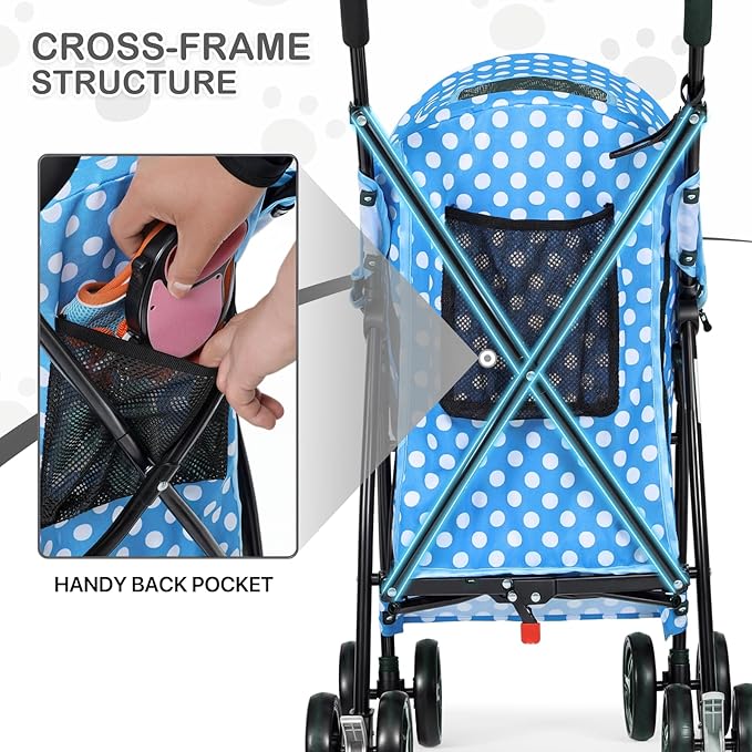 MoNiBloom 4 Wheels Pet Stroller, Easy-Fold Umbrella Shaped Dog Cat Jogger Stroller w/Storage Bag &amp; Visible Mesh for Small/Medium Dogs Cats Sky Blue Polka Dots