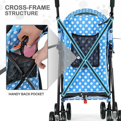 MoNiBloom 4 Wheels Pet Stroller, Easy-Fold Umbrella Shaped Dog Cat Jogger Stroller w/Storage Bag &amp; Visible Mesh for Small/Medium Dogs Cats Sky Blue Polka Dots