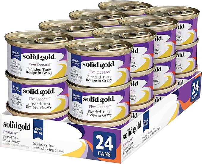 Solid Gold Wet Cat Food Shreds in Gravy - Healthy Canned Cat Food Made w/Real Tuna Shreds, Vitamins, Minerals &amp; Taurine - Grain Free &amp; Gluten Free Canned Meals for Cats &amp; Kittens - 24ct/3oz Can