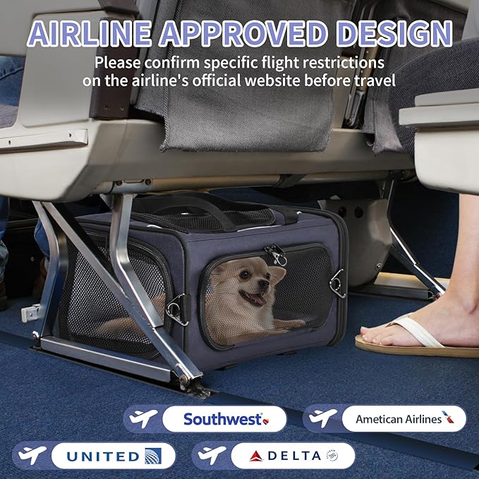 Petsfit Airline Approved Pet Carrier for Small Dogs &amp; Cats, 19x9x12 TSA Approved Carrier, with Removable Dual-Sided Padding (2-Way Placement) - Fits Under Most Airplane Seats, Escape Proof (Navy)