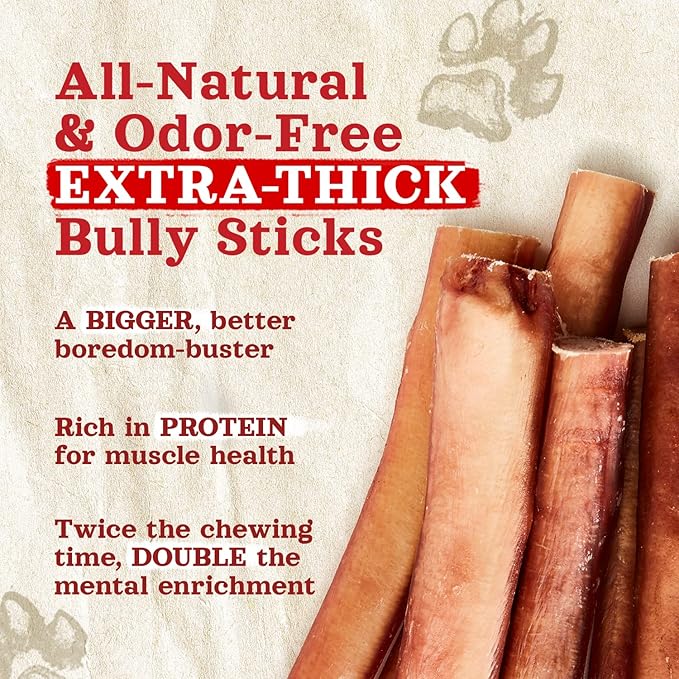 Natural Farm Odor-Free Thick Bully Sticks (6”, 5-Pack) All-Natural Long-Lasting Dog Chews, 100% Beef Pizzle, Grass-Fed, Grain-Free, Protein for Muscle Development &amp; Energy, Perfect for Medium Chewers