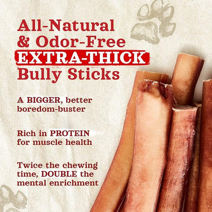 Natural Farm Odor-Free Thick Bully Sticks (6”, 5-Pack) All-Natural Long-Lasting Dog Chews, 100% Beef Pizzle, Grass-Fed, Grain-Free, Protein for Muscle Development &amp; Energy, Perfect for Medium Chewers