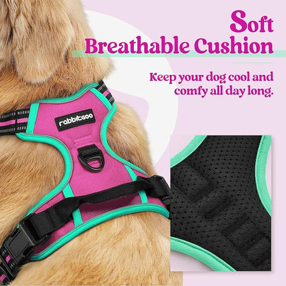 rabbitgoo Dog Harness No Pull with 2 Leash Clips, Adjustable Soft Padded, Reflective Oxford No Choke Pet Vest with Easy Control Handle for Large Dogs, Hot Pink &amp; Turquoise, M