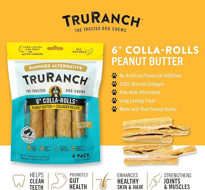 Collagen Rolls - 6" Collagen Rolls for Dogs - Long Lasting Healthy Joint Support - Rawhide Alternative - Skin &amp; Coat Health - Made with Real Peanut Butter, Value Pack, 15 Bags, 60 Count