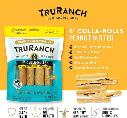 Collagen Rolls - 6" Collagen Rolls for Dogs - Long Lasting Healthy Joint Support - Rawhide Alternative - Skin &amp; Coat Health - Made with Real Peanut Butter, Value Pack, 15 Bags, 60 Count