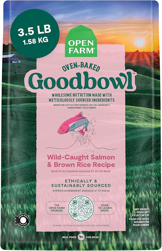 Open Farm Goodbowl, Oven-Baked Small Batch Dry Dog Food - Wild Caught Salmon &amp; Brown Rice Recipe, Includes Non-GMO Produce &amp; Grains, 3.5lb Bag (56oz Bag)