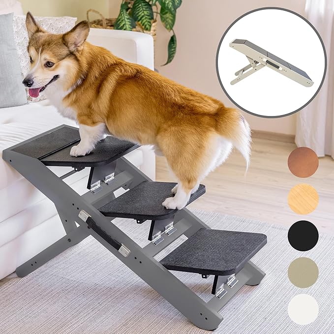 Dog Steps for Bed &amp; Couch 2-in-1 Dog Stairs/Ramp - Height Adjustable Dog Ramp for Couch 7” - 20” - Pet Stairs, Dog Stairs for Small Dogs - Easy to Move Pet Steps with Landing Platform, Gray