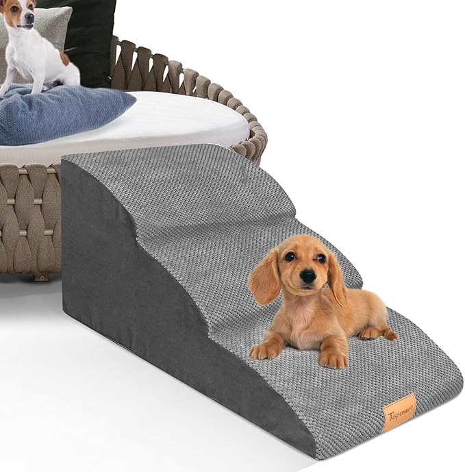 Topmart High Density Extended Foam Dog Ramp&amp;Steps 3 Tiers,15.7" High,Non-Slip Dog Stairs with Waterproof Cover,Soft Foam Pet Ladder,Best for Injured,Older Cats,Pets with Joint Pain