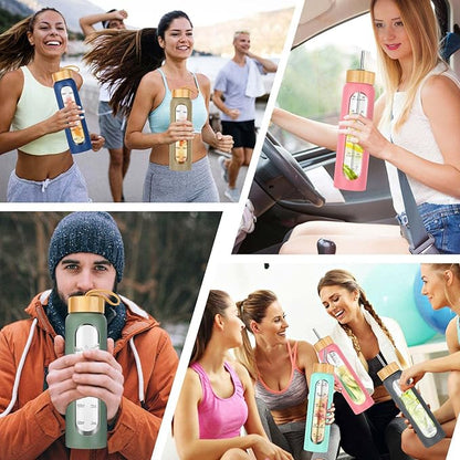 32 oz Glass Water Bottle with Straw - Motivational Time Marker &amp; Silicone Sleeve - Reusable Tumbler Includes 2 Bamboo Lids &amp; Fruit Infuser - 1 Pack
