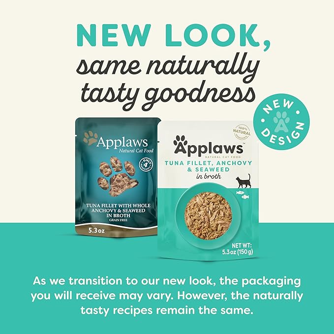 Applaws Natural Wet Cat Food in Broth, Limited Ingredient Wet Cat Food Pouches, No Additives, Made with Natural Ingredients, Tuna Fillet with Anchovy &amp; Seaweed in Broth (12 x 5.3oz Pouches)