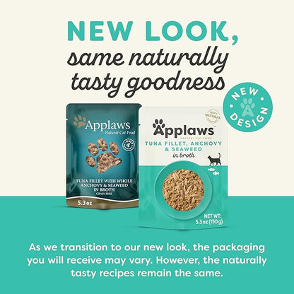Applaws Natural Wet Cat Food in Broth, Limited Ingredient Wet Cat Food Pouches, No Additives, Made with Natural Ingredients, Tuna Fillet with Anchovy &amp; Seaweed in Broth (12 x 5.3oz Pouches)