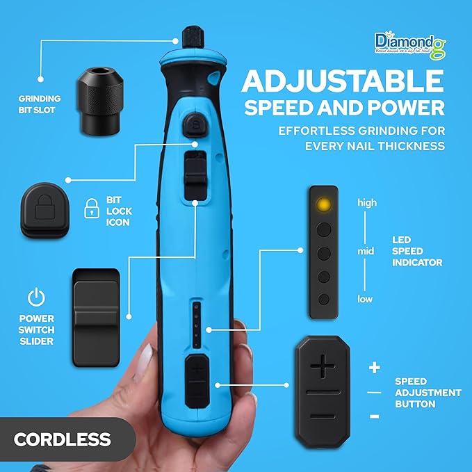 Diamondg Cordless Dog Nail Grinder with Quiet Sound &amp; LED Tip for Large &amp; Small Dogs, 4hrs. Runtime, 2 Bits Included, Blue
