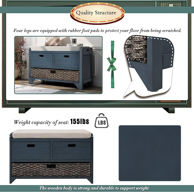 Storage Bench Removable Basket 2 Drawers Fully Assembled Acacia Wood Shoe Bench Standing Shoe Rack Removable Cushion for Living Room, Entrance Hallway, No Assembly Required Navy