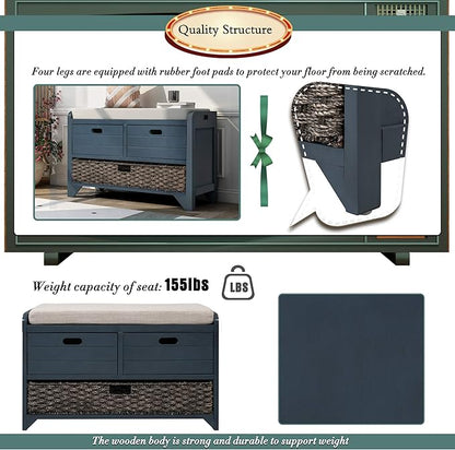 Storage Bench Removable Basket 2 Drawers Fully Assembled Acacia Wood Shoe Bench Standing Shoe Rack Removable Cushion for Living Room, Entrance Hallway, No Assembly Required Navy