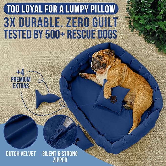 Luxury Dog Bed Chesterfield – Handcrafted Velvet Throne for Dogs | Joint Support, Calming &amp; Temp-Regulating Comfort | Durable 5+ Years, Anti-Claw, Washable 100+ Times – L, Blue