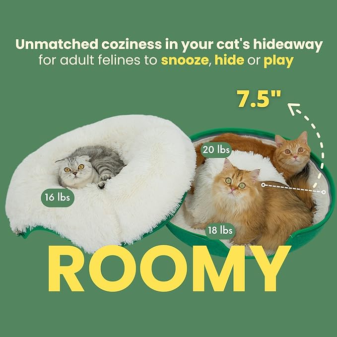 CATTASAURUS Peekaboo Cat Cave for Multiple &amp; Large Cats Up to 30-45 Lbs, Fluffy Cat Beds &amp; Furniture, Scratch Detachable &amp; Washable Tunnel Bed, Comfy Donut Bed (Forest Green, Large (Calming))