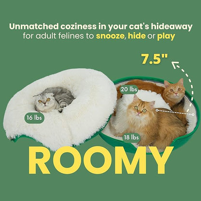 CATTASAURUS Peekaboo Cat Cave for Multiple &amp; Large Cats Up to 30-45 Lbs, Fluffy Cat Beds &amp; Furniture, Scratch Detachable &amp; Washable Tunnel Bed, Comfy Donut Bed (Forest Green, Large (Calming))