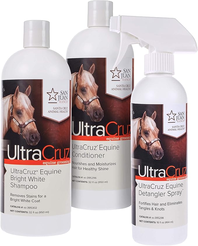 UltraCruz Equine Bright White Horse Shampoo &amp; Conditioner Bundle, 32 oz Each with 16 oz Detangler